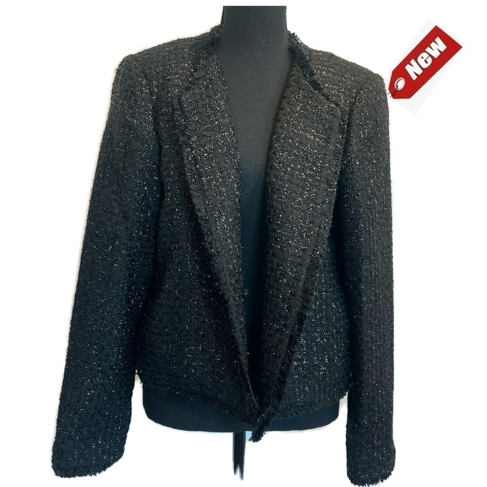 Calvin Klein black metallic silver tweed open front blazer suit jacket fringe 14